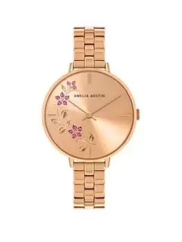 image of Amelia Austin Floral Ladies Pale Gold Stainless Steel Bracelet Purple Stone Set Etched Dial Watch