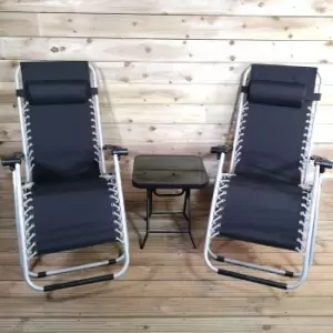 Image of Pair of Multi Position Garden Gravity Relaxer Chair / Sun Loungers with glass drinks table