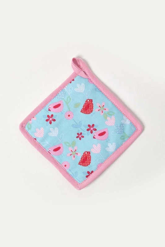 Image of Homescapes Birds and Flowers Pink Cotton Pot Holder Blue unisex