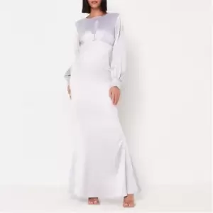 Image of Missguided Ruched Satin Fishtail Maxi Dress - Purple