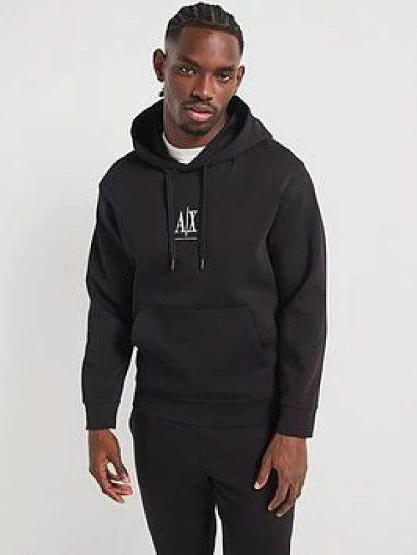 Image of Armani Exchange Jersey Logo Pullover Hoodie Black/White XL