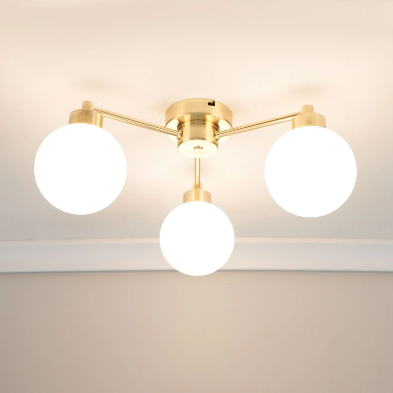 Image of ValueLights Jonah 3 Arm Globe Ball Shade Flush Ceiling Light with LED Bulbs Gold
