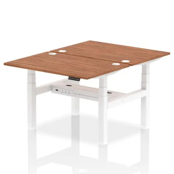 Image of Air Air Back-to-Back 1200 x 800mm Height Adjustable 2 Person Bench Desk Walnut Top with Cable Ports White Frame HASCP2P12800WNTW
