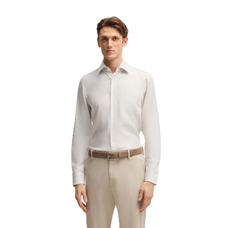 Image of Boss Mens H Hank Kent Long Sleeve Oxford Shirt Beige male 15.7 inch