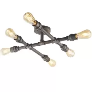 Image of Semi Flush Ceiling Lamp Aged Pewter 6x Bulb Multi Light Industrial Exposed Pipe