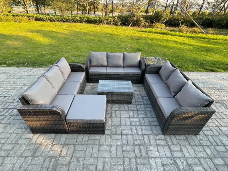 Image of Fimous Rattan Lounge Sofa Set Outdoor Garden Furniture Set with Rectangular Coffee Table 3 Seater Sofa Big Footstool Side Table Dark Grey