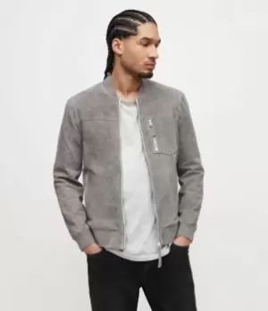 Image of AllSaints Mens Kairo Suede Bomber Jacket, Glass Grey, Size: L