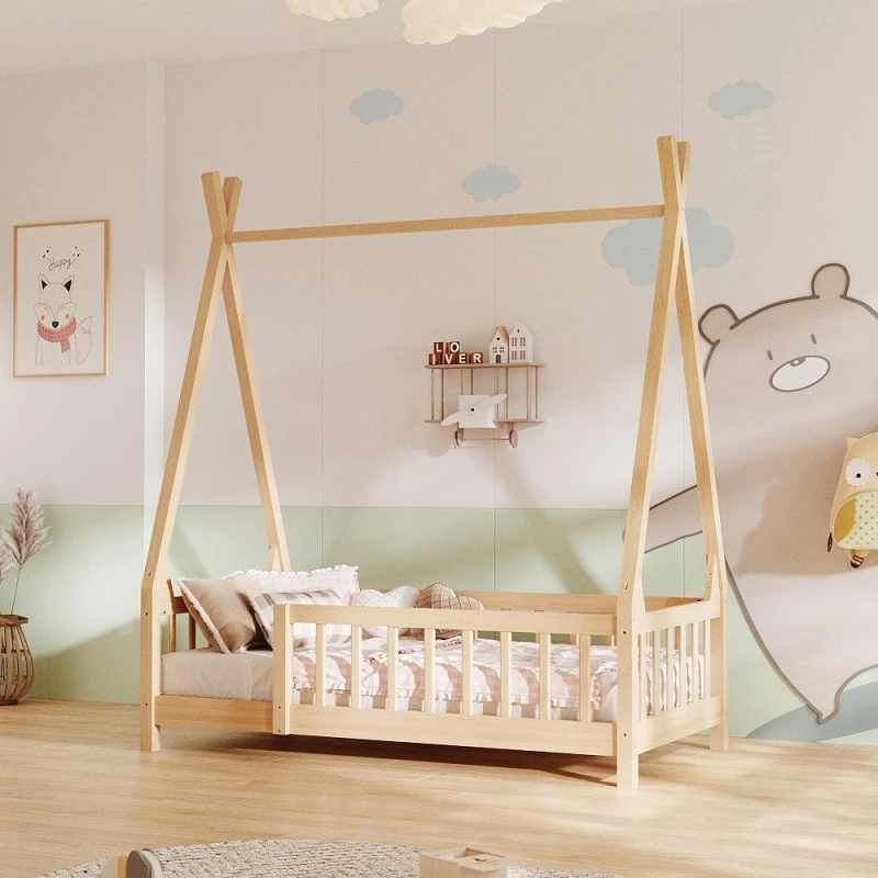 Image of Kabinet UK Kids Premium Wood House Bed Frame with Fence Brown unisex One size