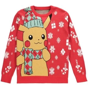 Image of POKEMON - Pikachu with All-Over Xmas Design Mens X-Large Sweatshirt - Red