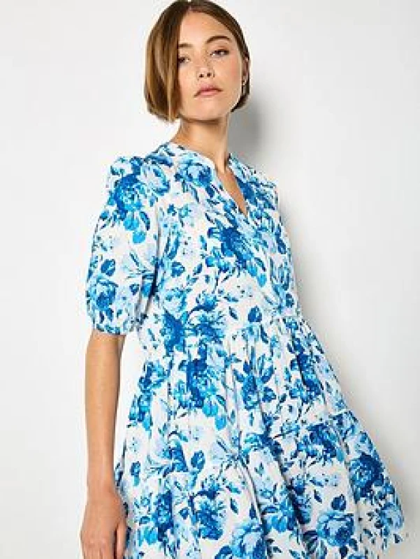 Image of Apricot Womens Floral Print Cotton Mini Dress in Blue Size: 8 Blue Female 8