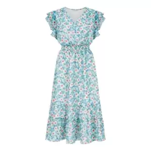 Image of Yumi Green Frill Sleeve Wrap Midi Dress - Green