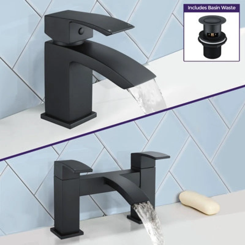 Image of Nes Home Tesa Waterfall Bath Filler Tap, Basin Mixer Tap Set & Waste Black Matte Black
