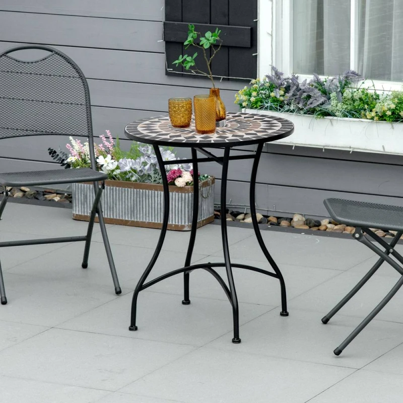 Image of Outsunny 60cm Mosaic Round Bistro Table Outdoor Garden Side Table, Black Jet Black