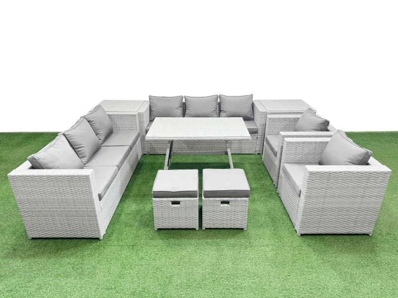 Image of Fimous 10 Seater Garden Furniture Set with 2 Small Stools 2 Side Tables in Light Grey Light Grey Unisex