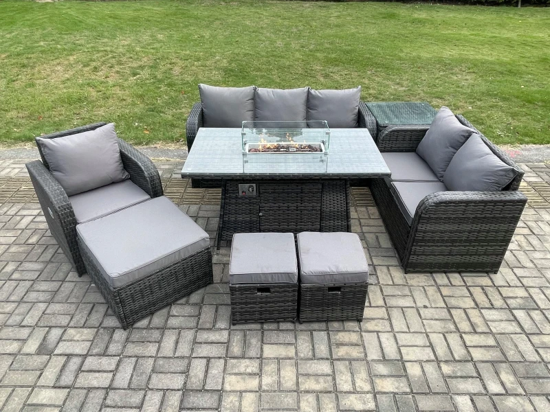 Image of Fimous Garden Patio Furniture Wicker Rattan Gas Fire Pit Table and Sofa Chair set with Side Table 3 Footstool Dark Grey