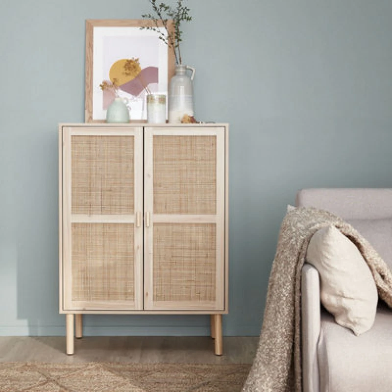 Image of sweeek 80cm Woven Rattan Storage Cabinet Light Brown