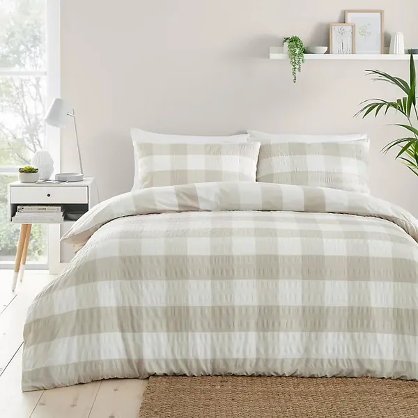 Image of Fusion Seersucker Gingham Duvet Cover and Pillowcase Set Natural