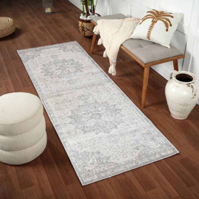 Image of Livabliss Vintage Oriental Boho Medium Grey Sage Runner Rug 80 X 220 Cm - Easy Care, Non Shedding, Ideal For Hallway Or Beside The Bed