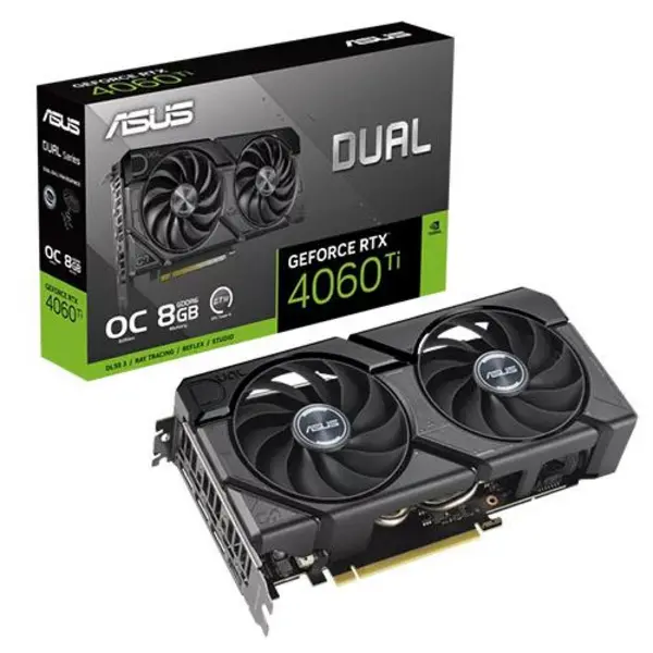 image of Asus DUAL RTX4060 Ti EVO OC Graphics Card, PCIe4, 8GB DDR6, HDMI, 3 DP, 2595MHz Clock, Overclocked NVRTX4060TI8ASDUALEVOOC