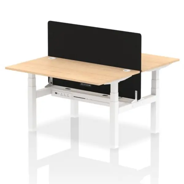 Image of Air Air Back-to-Back 1400 x 800mm Height Adjustable 2 Person Bench Desk Maple Top with Cable Ports White Frame with Black Straight Screen HASCP2P1480