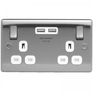 image of British General Nexus Brushed Stainless Steel Switched Double Socket + 2 x USB Port Insert