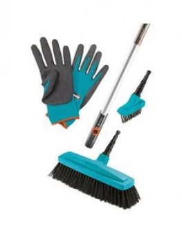 Image of Gardena Combi System Handle, Patio Weeder Head, Broom Head + Free Gloves