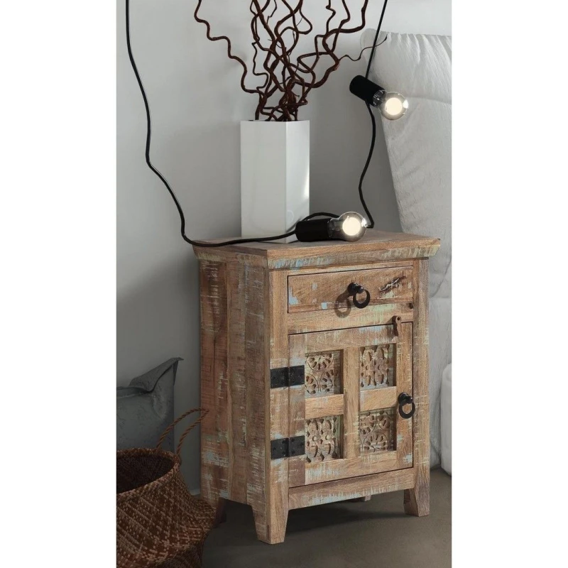 Image of Jaipur Furniture Ltd Aravali Bedside Table Right (ARA-208-L) - Mango Wood - L33 x W51 x H71cm - Distress Finish in Brown Brown Unisex