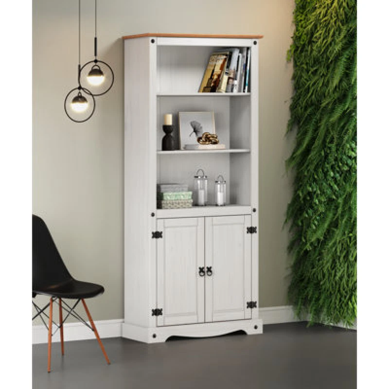 Image of Mercers Furniture Corona White 2 Door Large Bookcase 4 Shelf Display Cabinet Solid Pine With Mexican Styling, White WHTWAX44