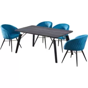 Image of 5 Pieces Life Interiors Vittorio Cosmo Dining Set - a Black Rectangular Dining Table and Set of 4 Blue Dining Chairs - Blue