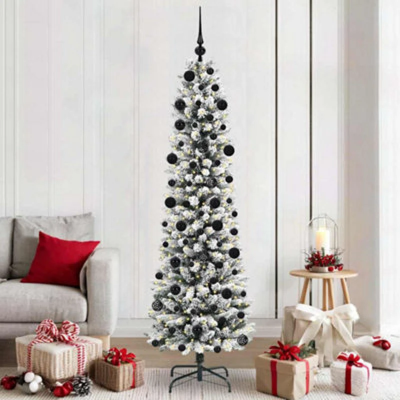 Image of vidaXL Artificial Christmas Tree with 300 LEDs, Black Balls Green and white 210 cm, Green 3396118