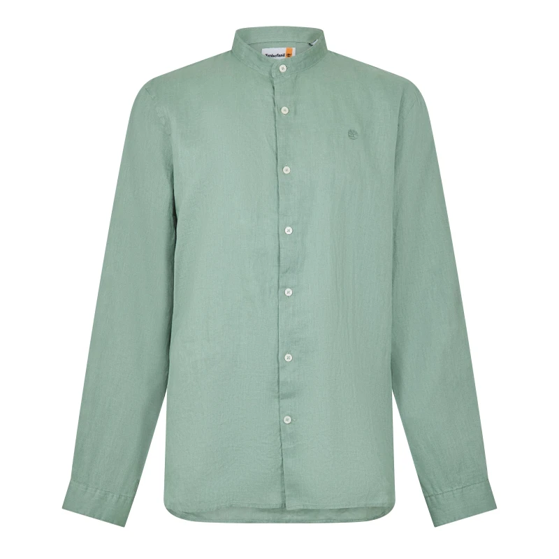 Image of Timberland Mens Linen Korean Collar Long Sleeve Oxford Shirt Pro Green Bay male S
