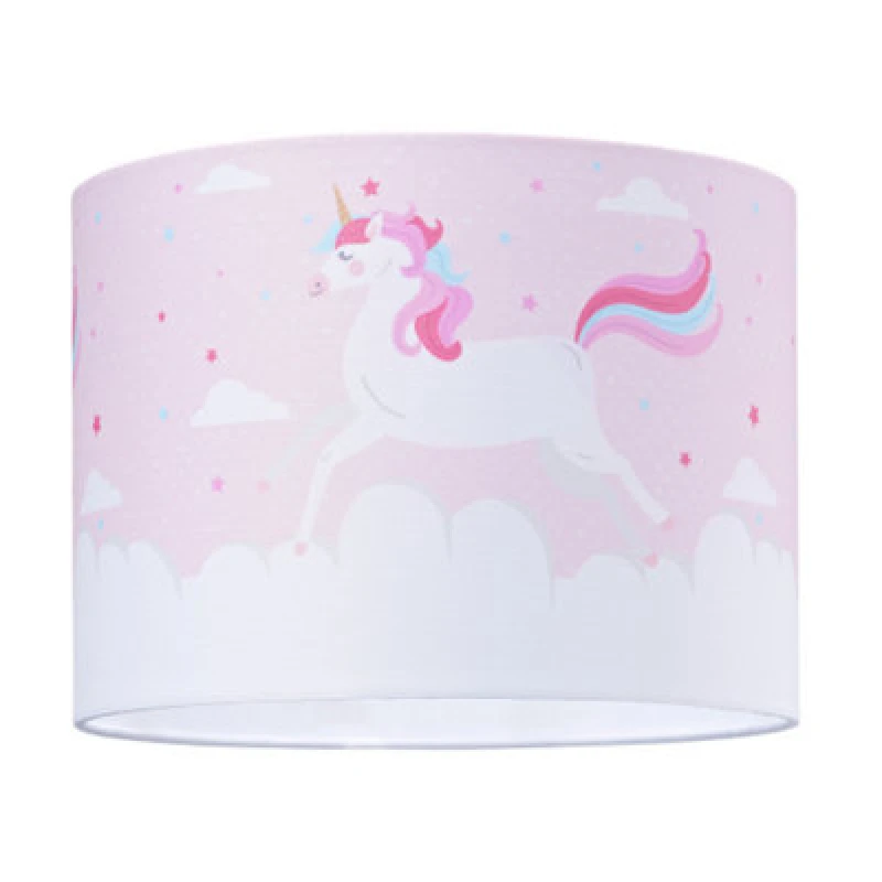 Image of Happy Homewares Beautiful Soft Pink Cotton Lampshade With Dancing Unicorns And Clouds Decoration