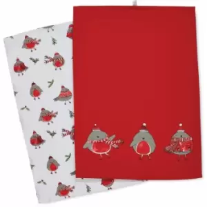 image of Christmas Robins 100% Cotton Tea Towel, Red, 2 Pack - Catherine Lansfield