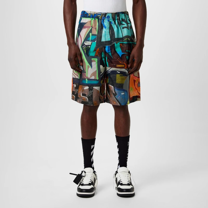 Image of Off White Mens Graffiti All Over Print Bermuda Woven Tracksuit Shorts Multicolor male XS