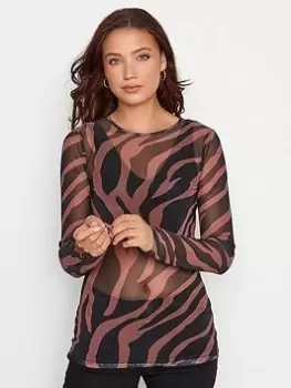 image of Long Tall Sally Brown Zebra Print Mesh Long Sleeve Top, Brown, Size 12, Women