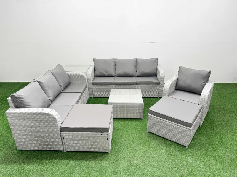 Image of Fimous 9 Seater Poly Rattan Outdoor Garden Furniture Square Coffee Table Sofa Set Patio 3 Seater Sofa Reclining Chair 3 Seater Sofa 2 Big Footstools S