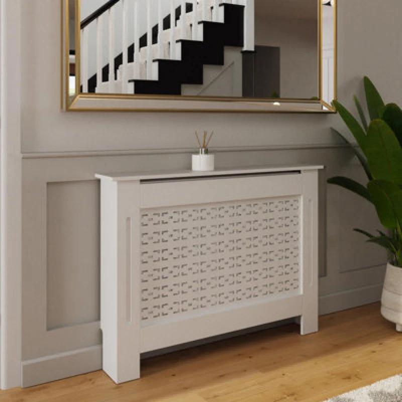 Image of Fwstyle Geometric Pattern Medium White Radiator Cover (H) 82.3 (W) 112Cm (D) 19Cm
