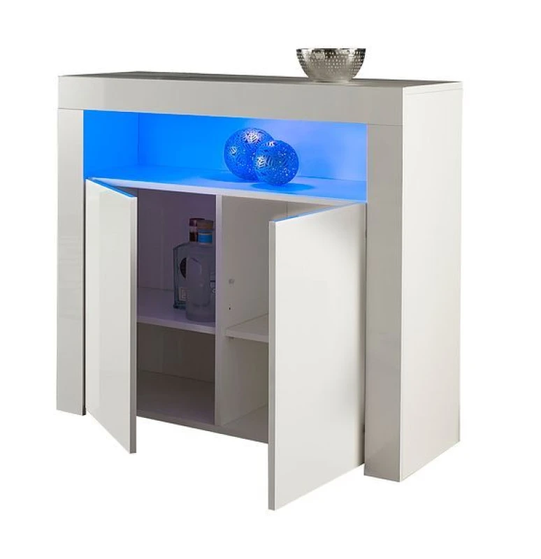 Image of Moderna White Sideboard with LED, Plate Storage Cabinet, 90x35x83cm White