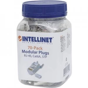 Image of INTELLINET 70er-Pack Cat6A RJ45 modular plug Pro Line STP 3-point wire contacting for stranded wire and solid wire 70 plugs in the beaker 50 µ Gold-pl