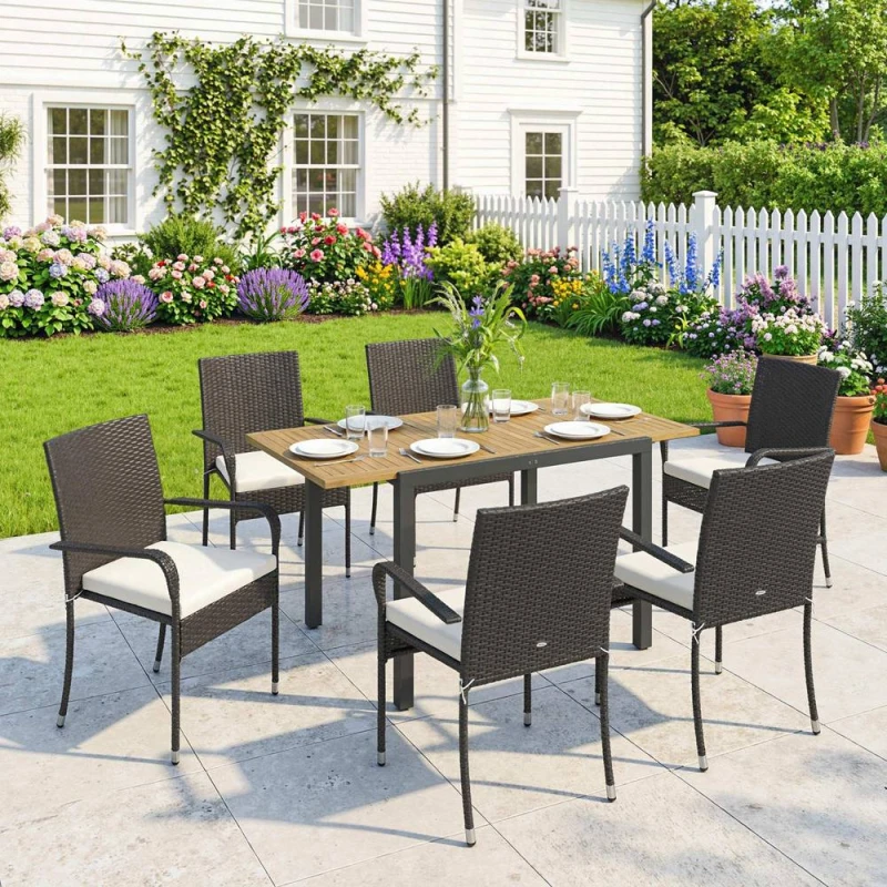 Image of OUTSUNNY 6 Seater Rattan Garden Furniture Set with Stackable Chairs in Cream Size: 150cm x 80cm Cream Unisex 150cm x 80 cm
