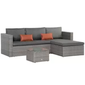 image of Outsunny 3pc Outdoor PE Rattan Corner Sofa Set w/ Tempered Glass Table-top and Soft Padded Cushion - Grey