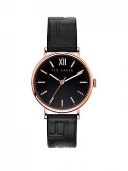 Image of Ted Baker Black and Rose Gold Detail Dial Black Leather Strap Ladies Watch, One Colour, Women