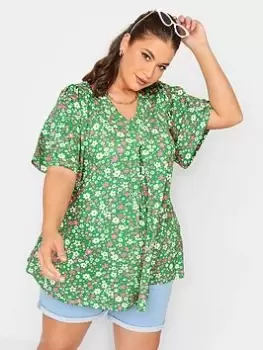 Image of Yours Angel Sleeve Front Pleat Ditsy Print Swing Top - Green, Size 14, Women