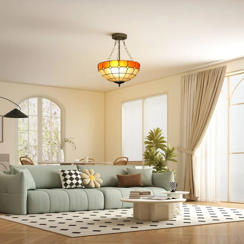 Image of HOMCOM Ceiling Light, Vintage Tiffany Style Chandelier with Sockets in Orange Orange Unisex