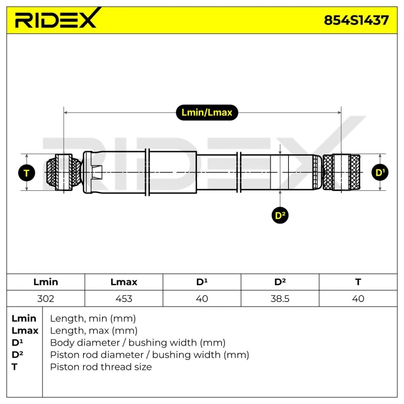 Image of RIDEX 854S1437 Shock absorber Front Axle, Oil Pressure, Twin-Tube, Telescopic Shock Absorber, Bottom eye Shock Absorber (854)