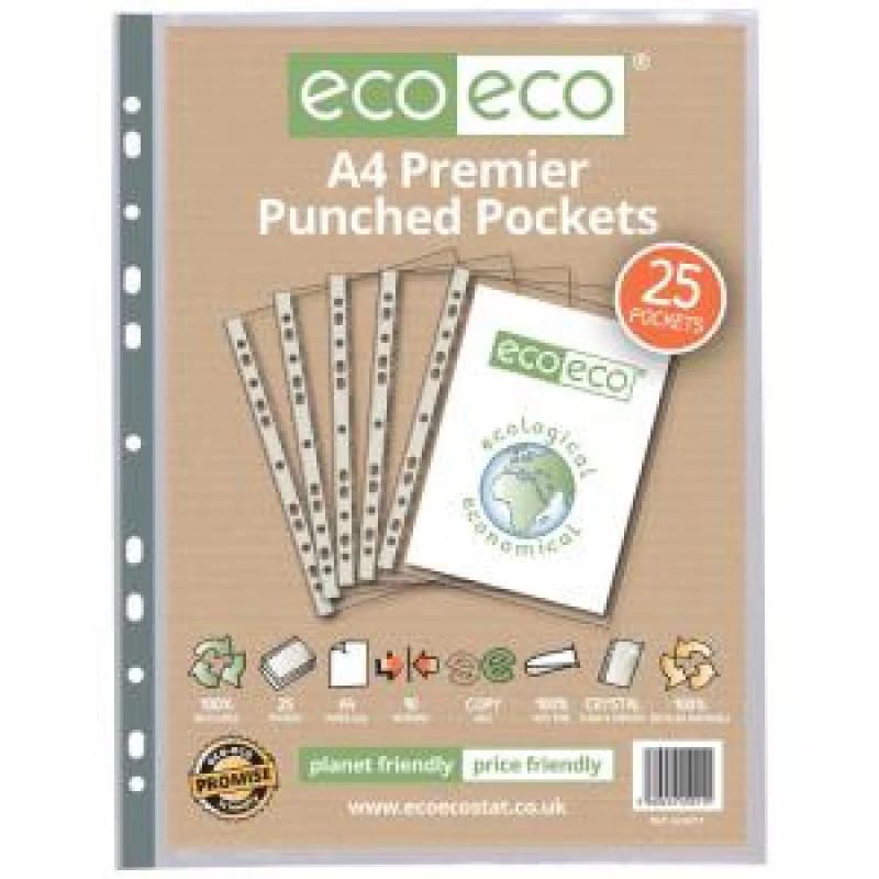Image of Eco Eco 100% Recycled Premier Punched Pocket A4 Clear (25 Pack) eco011-S