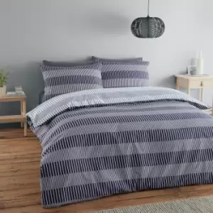 Image of Catherine Lansfield - Simplicity Lines Reversible Easy Care Duvet Cover Set, Navy, Double