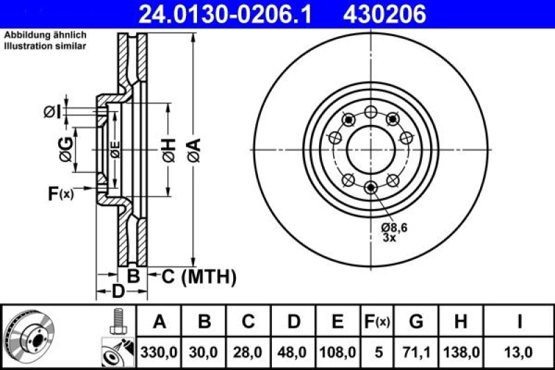 Image of ATE 24.0130-0206.1 Brake disc Vented, Coated, Alloyed/High-carbon, with bolts/screws Brake Disc (82)