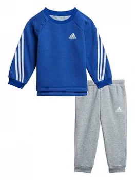 Image of Boys, Adidas Infant Unisex 3 Stripe Crew & Jog Pant Set, Blue/Grey, Size 0-3 Months