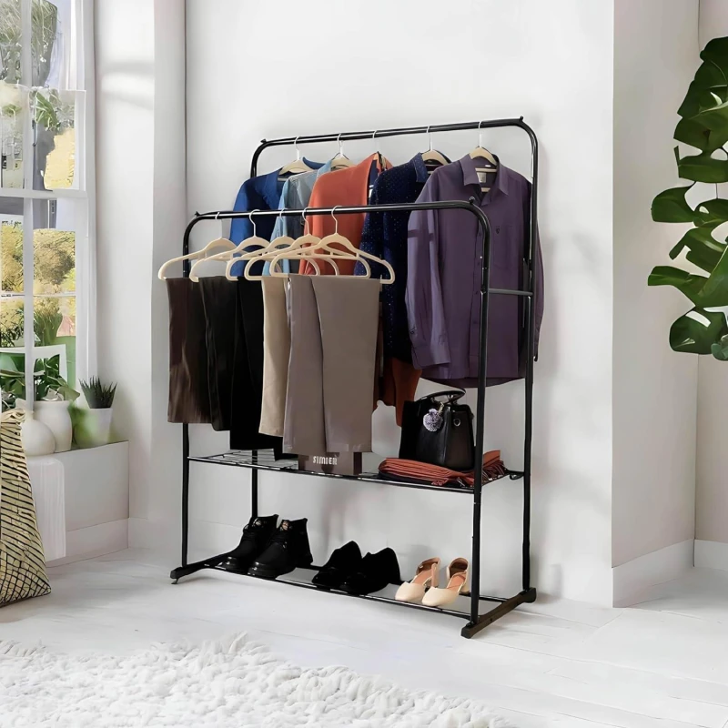 Image of House of Home Double Clothes Rail with Shoe Rack Heavy Duty Metal Garment Hanger Hat Bag Hooks Black unisex